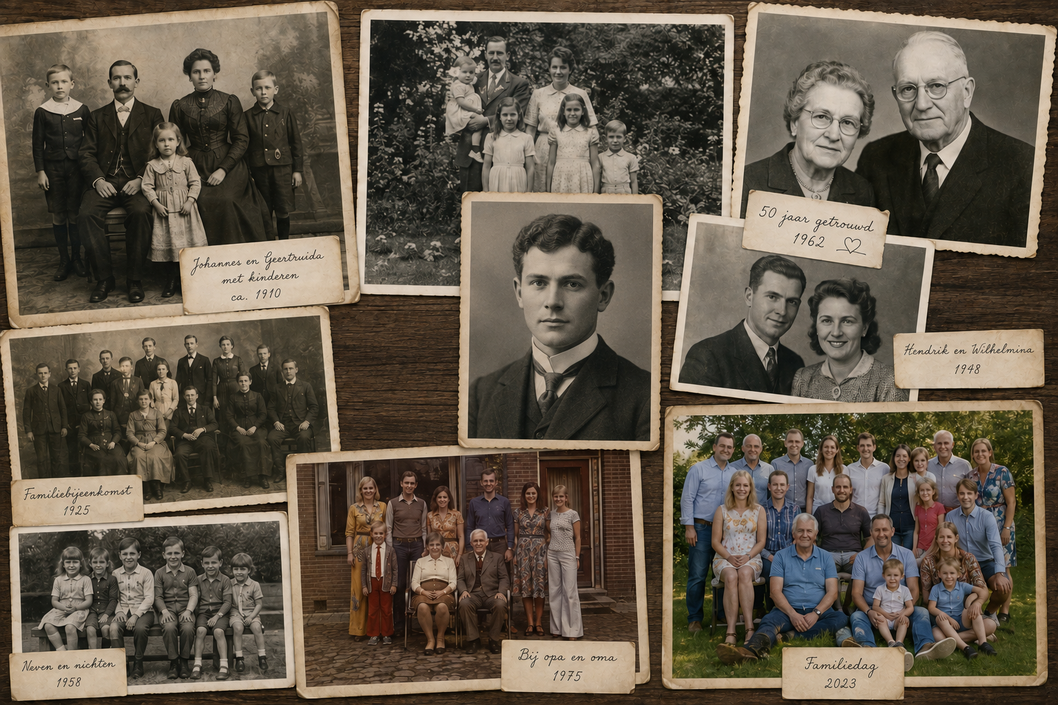 Oude familiefoto’s in een open fotoalbum